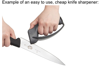 Example of an easy to use, cheap knife sharpener. A small hand held sharpener being used on a knife.