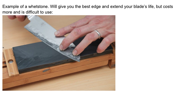 A person using a whetstone to sharpen a knife.